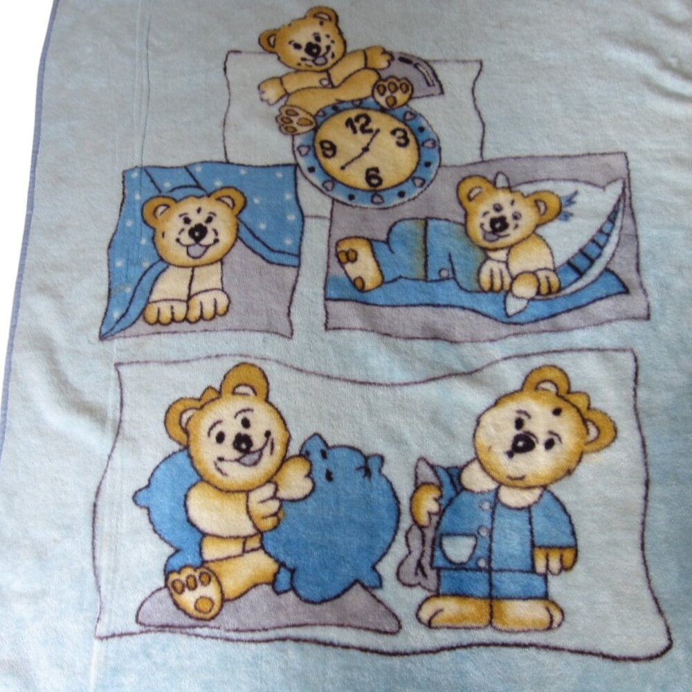 Vintage 80s Blanket Teddy Bear Bedtime Clock Thick Blue Plush 44 x 52 KOREA